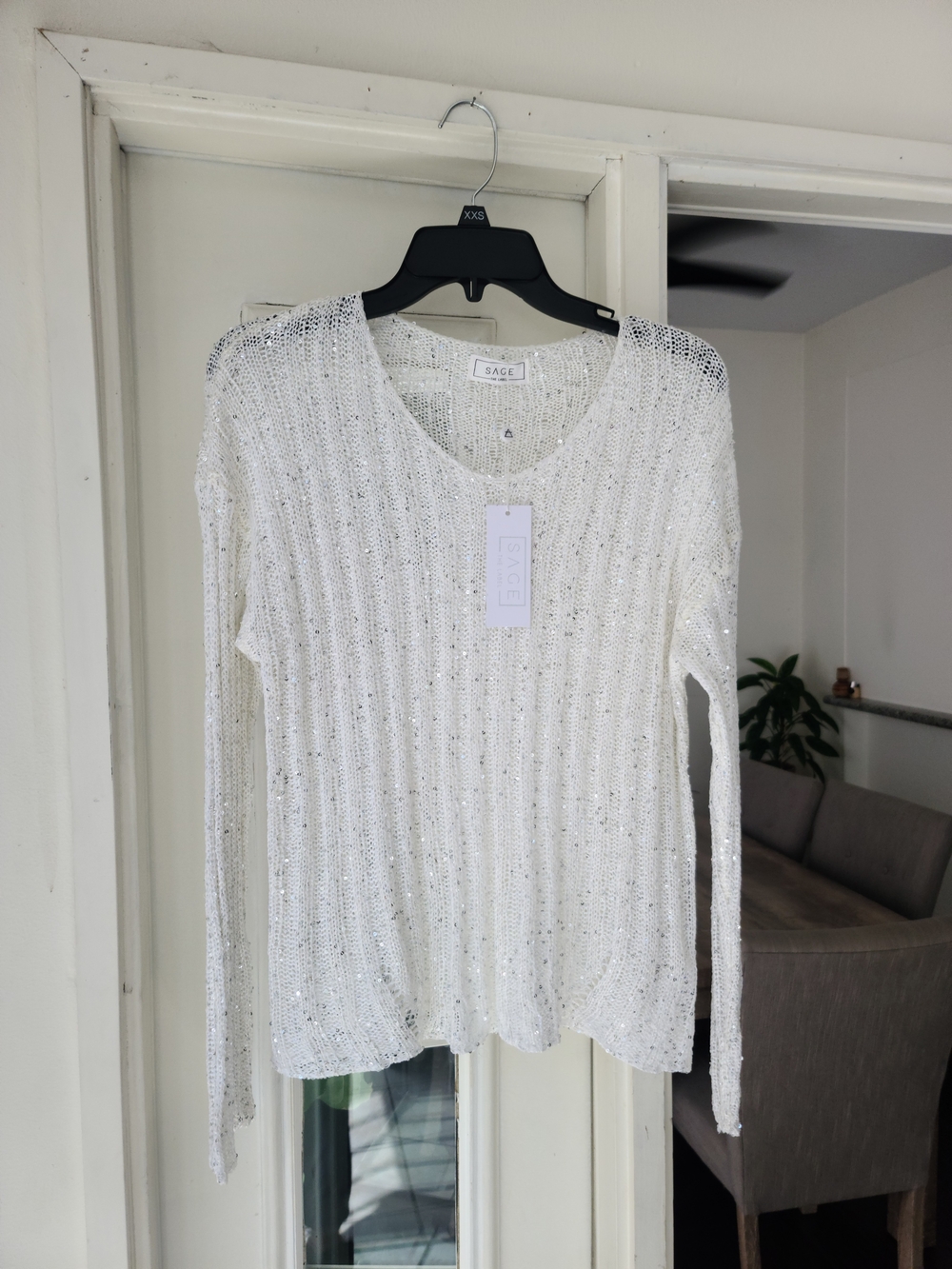 SAGE White V-Neck Sequin Knit Women's Top